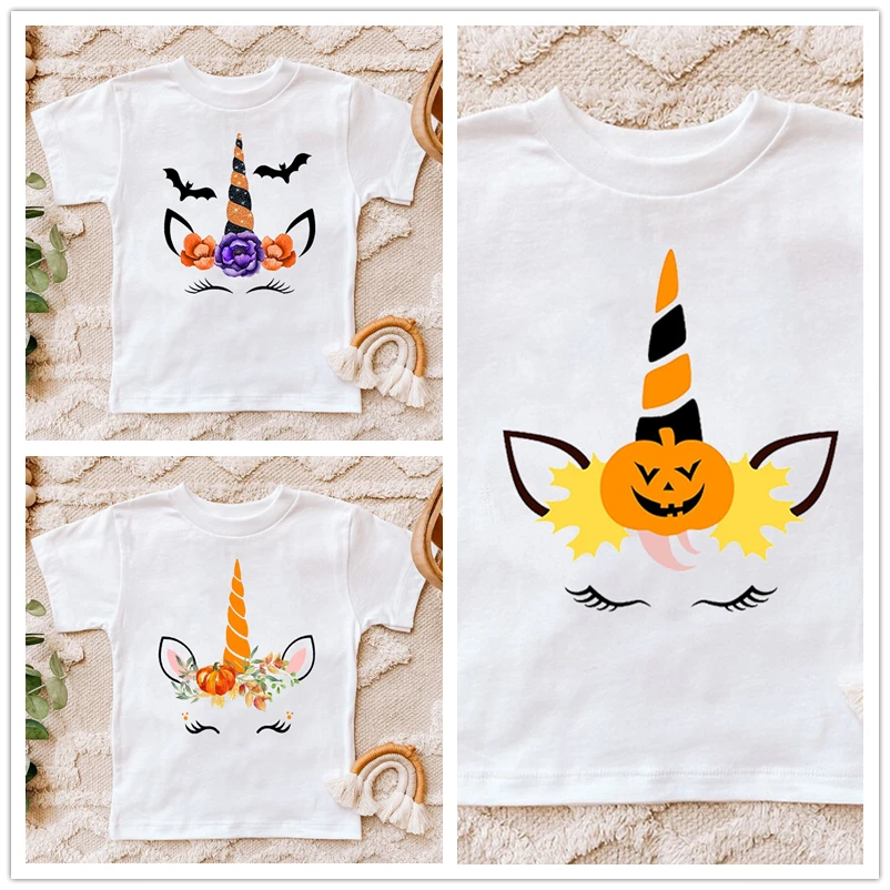 

Kawaii Unicorn Pumpkin Face T-Shit Happy Halloween T Shirt Vintage Short Sleeve T-Shirts Boy Girl Tshirt Tees Top