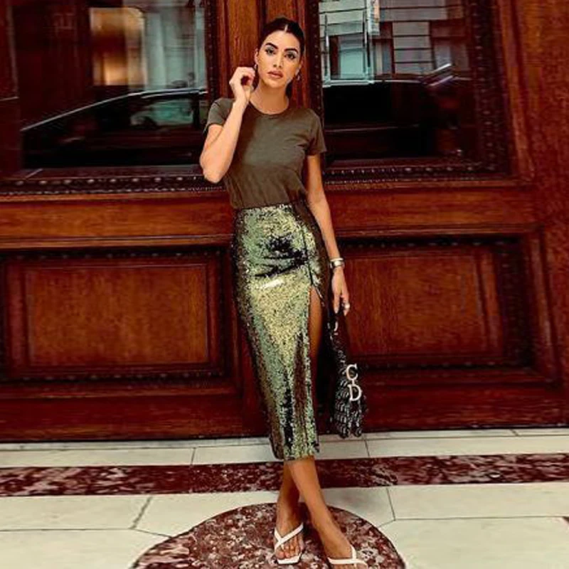 OL Women Skirt Sequin Gold jupe femme faldas Midi Skirts For Party Split Long Woman Skirt Glitter