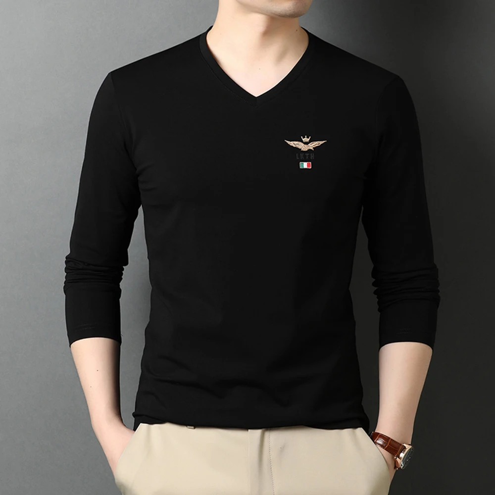 Top Quality New Fashion Brand Plain 95% Cotton 5% Spandex V Neck Long Sleeve t Shirt Men Cotton Black Casual Men Clothes 2023