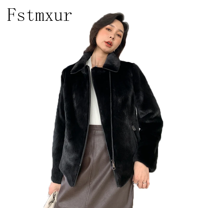 Fstmxur – manteaux courts en fourrure de vison pour femmes, nouvelle mise à jour automne et hiver, manches longues, couleur noire Pure naturelle, col rabattu, 2021