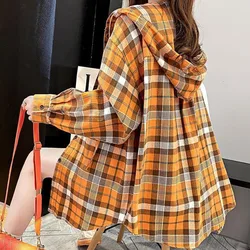 Hooded Loose Check Shirt Women's Port Style 2023 Early Spring New Korean Version Versatile Long Sleeve Spring Medium And Coat