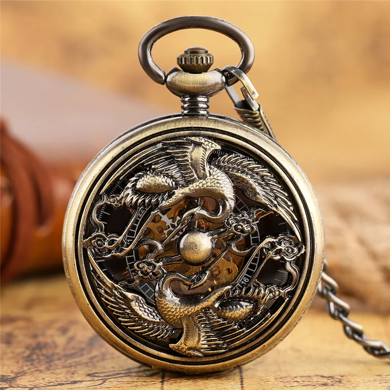 Exquisite Phoenix Pocket Watch Men Women Automatic Mechanical Movement Watches Pedant Chain Clock Roman Number Dial Reloj Gift