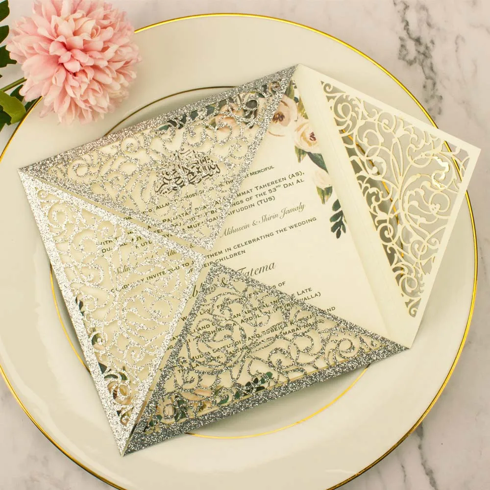 1X sample Invitation Card Silver Rose Gold Glittery Laser Cut Wedding Invitations marriage Invite Greeting cards birthday party