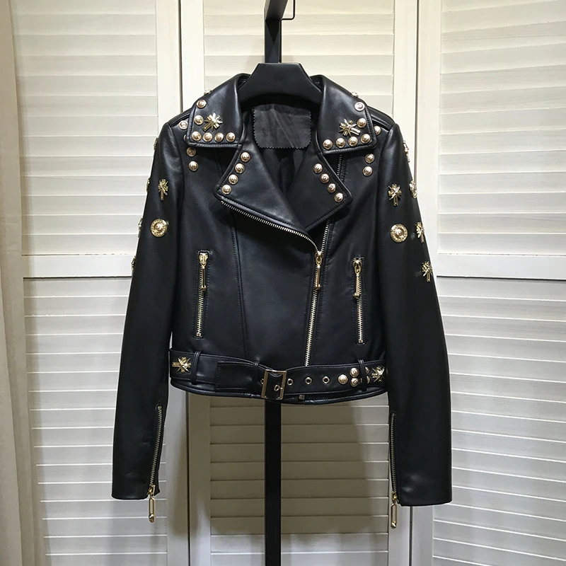 

2020 Autumn Chic women's Sheepskin Moto&Biker leather jackets High quality Rivets Genuine leather coat C245