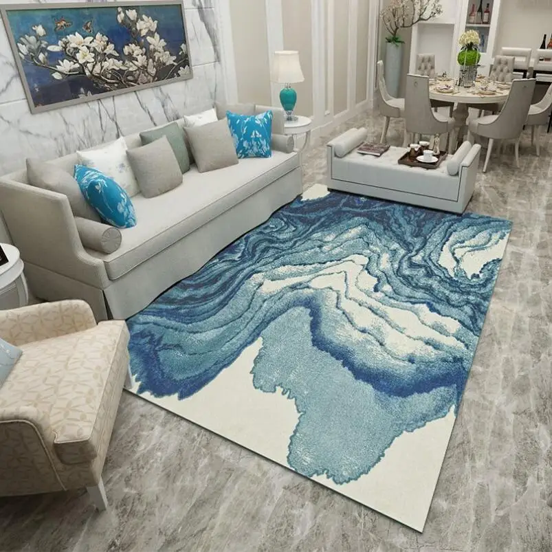 Modern Nordic Abstract Ink Marble Blue Carpets for Bedroom Home Kids Room Decor Geometric Area Rug Bedside Floor Mat Tapis