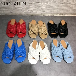 SUOJIALUN 2021 New Brand Flat Slippers Women Weave Slides Sandal Summer Outdoor Beach Open Toe Flip Flops Ladies Home Slippers