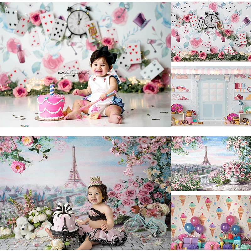 Cake Smash Photography Backdrops Balloon Kids Floral Photography Printed Backdrop Prop Baby Artistic Portrait Background