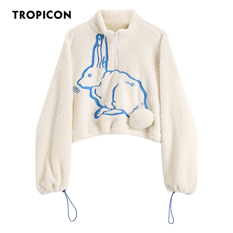 TROPICON Cropped Sweatshirt Women White Rabbit Animal Print Fur Hoodie Loose Zipper Neck Fuzzy Hoodie Winter Fall Crop Top