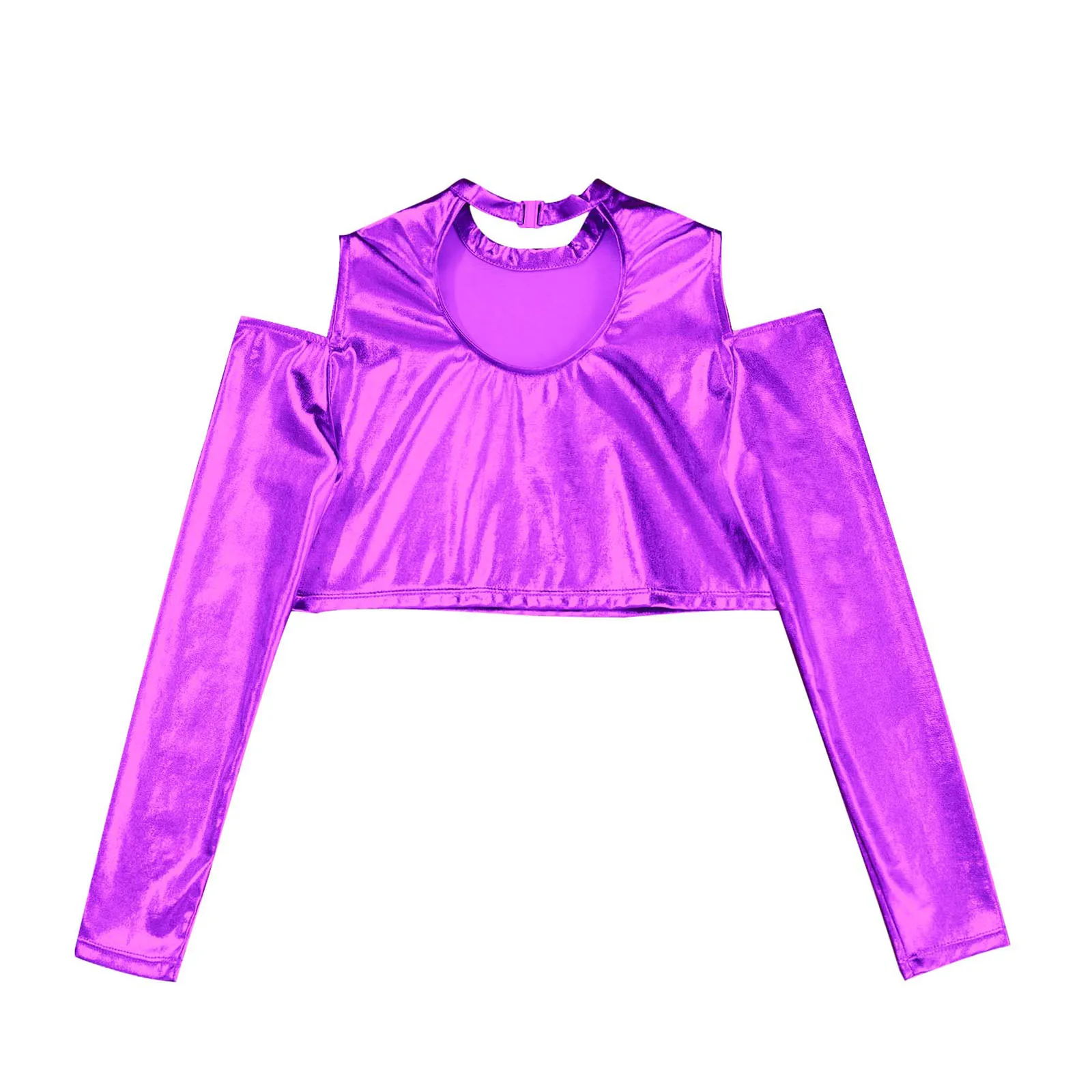 Children Kids Girls Metallic Crop Top Ballet Costume Long Sleeves Off Shoulder Glossy Shiny Short Crop Tops Hip-hop Jazz Dance