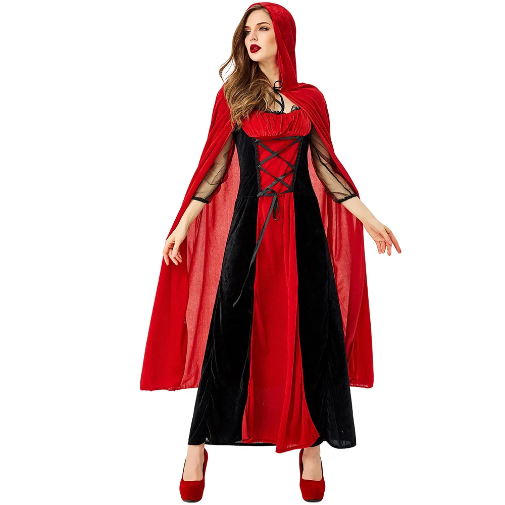 Renaissance medieval gótico vermelho equitação capô traje vestido com capuz capa halloween bola festa fantasias cosplay