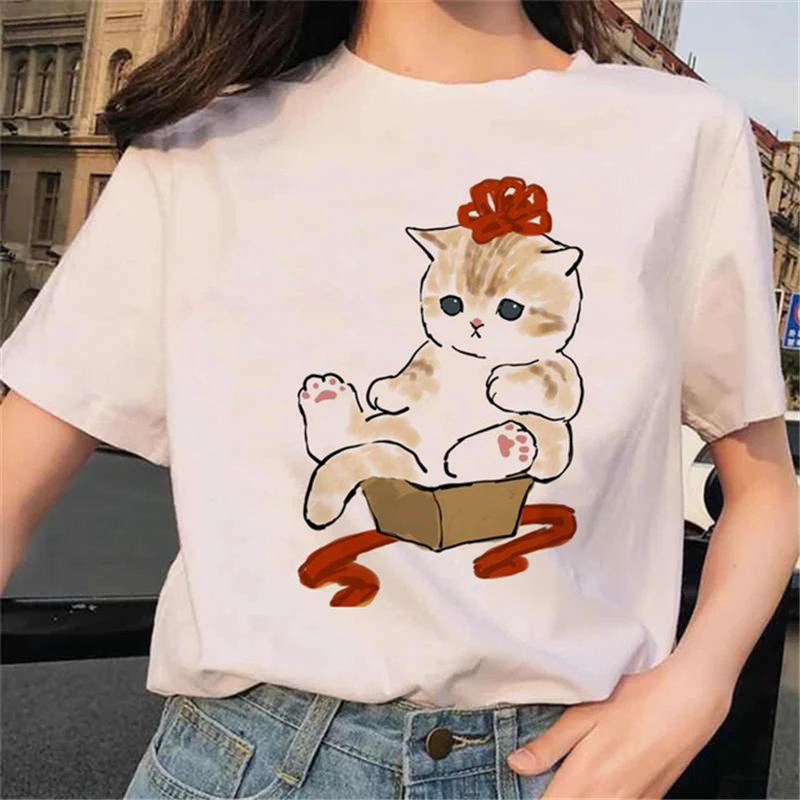 Lovely Summer Kawaii Cat Graphic print ladies T-shirt casual basis O-collar white shirt short sleeve ladies T-shirt,Drop Ship