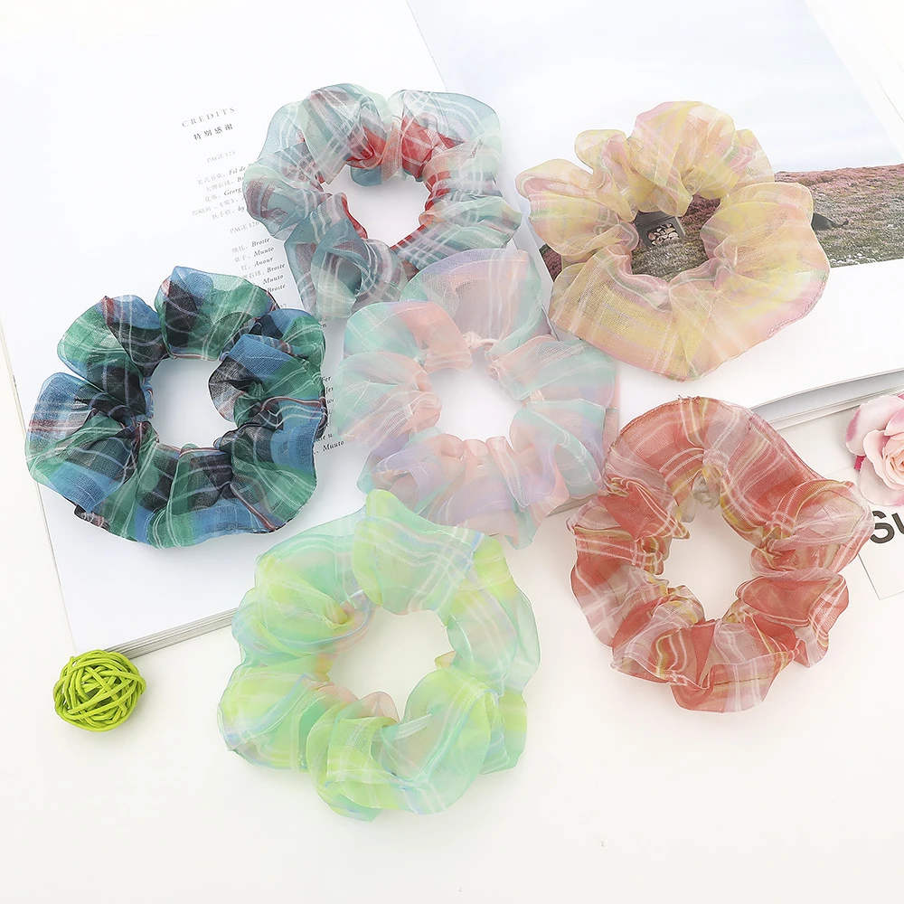 

New Organza Hair Scrunchies Women Plaid Scrunchie Elastic Hair Bands Girls Headwear Rubber Hair Ties Transparent Ponytail Holder