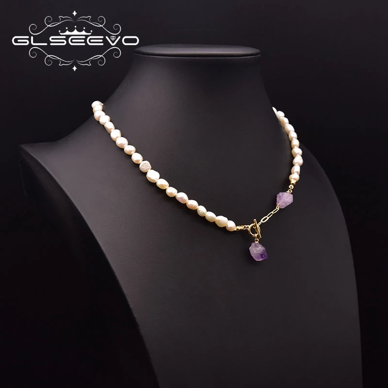 GLSEEVO Natural Freshwater Pearl Adjustable Amethyst Necklace Women\'s Wedding Sweater Chain Luxury Jewelry GN0296