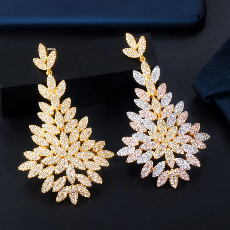 CWWZircons Luxury Exclusive CZ Leaf Drop Big Statement Long Wedding Earring 3 Tone Gold Color Dubai African Brides Jewelry CZ676