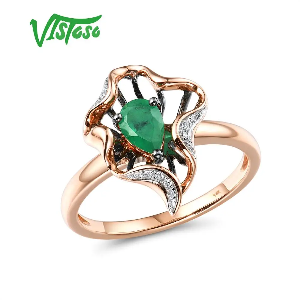 VISTOSO Gold Rings For Women Genuine 14K 585 Rose Gold Ring Magic Emerald Sparkling Diamond Engagement Anniversary Fine Jewelry