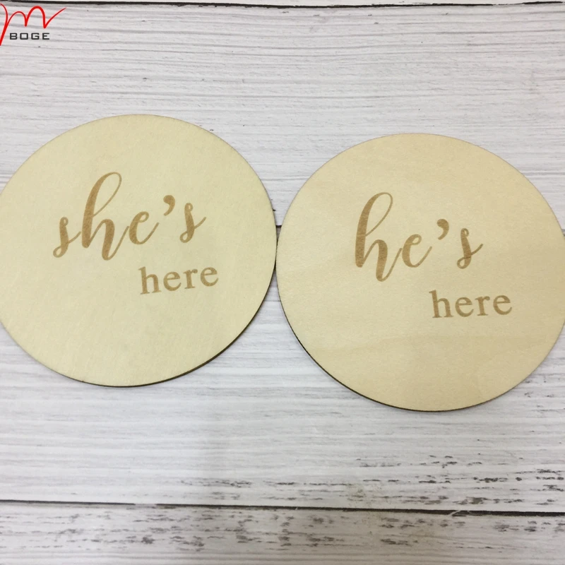 

20pcs He's Here or She's Here Sign Engraved Birth Announcement Newborn Photo Props New Baby Gift Nursery Decor Baby Shower Birth