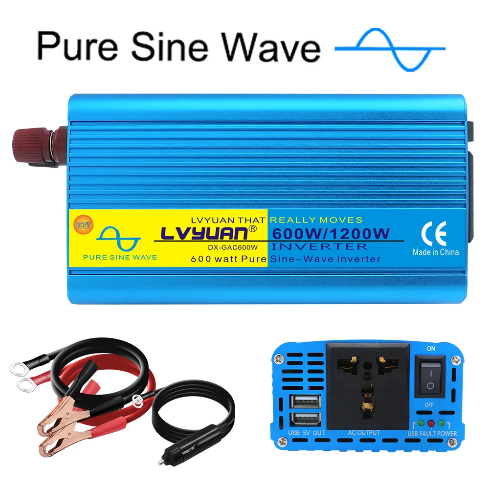 600W/1200W Pure Sine Wave Inverter DC 12V/24V to AC 220V 230V 50Hz/60Hz Voltage Converter Universal Socket Car Cigarette Lighter