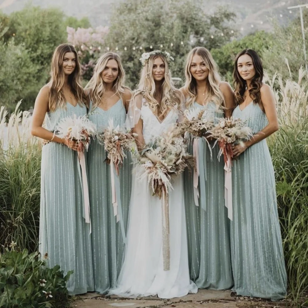 Mint Green Bridesmaid Dress A-Line Spaghetti Straps V-Neck Backless Sleeveless Draped Floor Length Wedding Party Gowns 2023