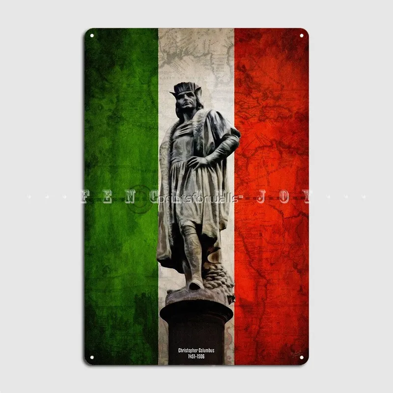 Christopher Columbus Statue With Italian Flag Metal Plaque Poster Vintage Living Room Wall Decor Tin Sign Poster