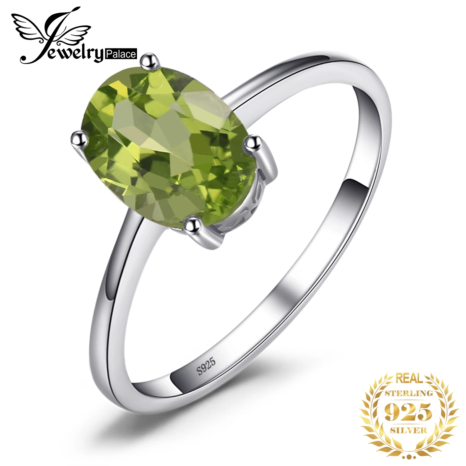 JewelryPalace Oval Green Genuine Peridot 925 Sterling Silver Rings for Women Fashion Gemstone Jewelry Solitaire Engagement Band