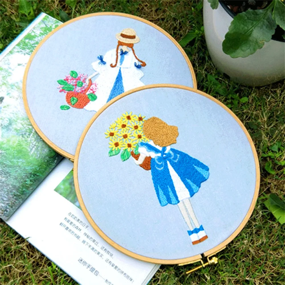 Diy Embroideri Kit Girl Flower Basket Pattern Handmade Needlework Set for Beginner Sewing Handcraft Cross Stitch Embroidery Hoop