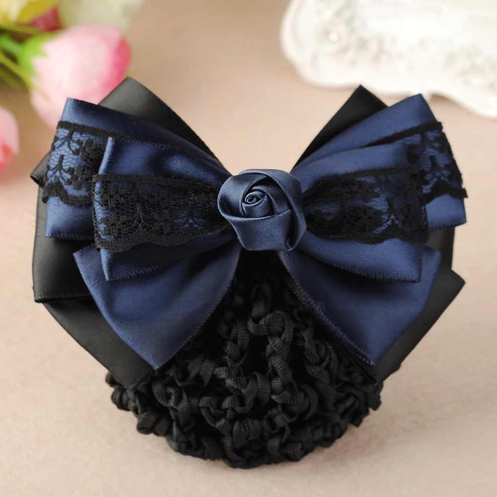 Lace Satin Bow Hair Net Barrette Bank Staff Flight Attendant Nurses Satin Hair Clips Net Snood Women Hair Accessories Hairgrip