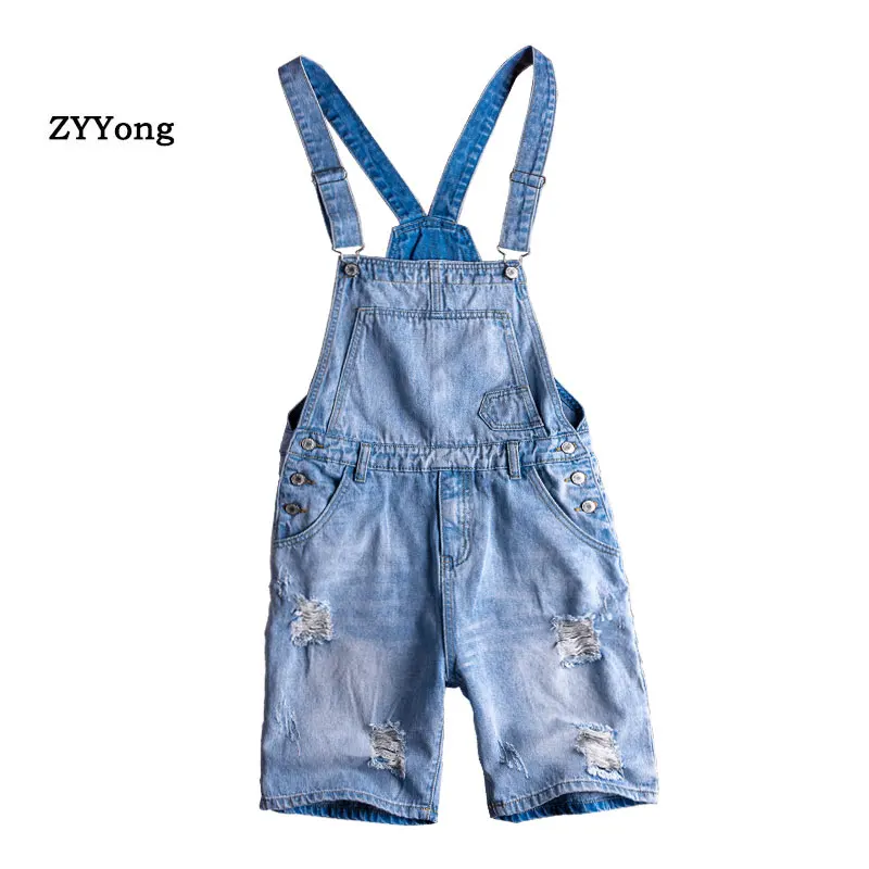 Letnie niebieskie kombinezony męskie spodenki dziura postrzępiony kombinezon dresowy Bib porwane jeansy hiphopowy sweter wypoczynek pajacyki Cargo Pants