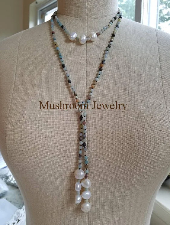 

knot hande made Amazonite Bead Necklace With fashion freshwater white Pearl Beaded lariat necklace