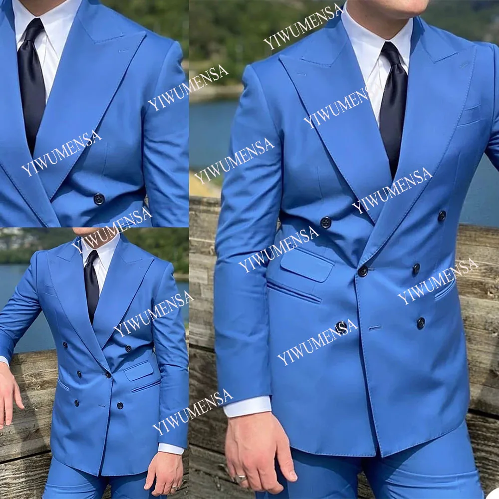 

YIWUMENSA Blue Soild Men's Suits Tailor-Made Double Breasted Blazer Masculino 2 Pieces Jacket With Pant Prom Party Groom Wear