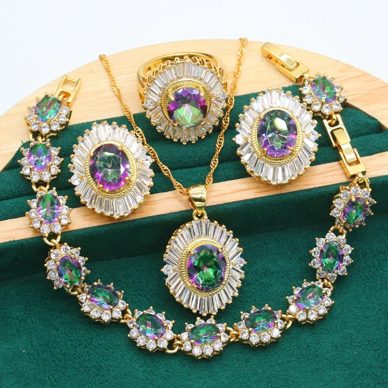 Gold Color Jewelry Sets for Women Wedding Mysterious Rainbow Green Zircon Bracelet Earrings Necklace Pendant Ring  Gift