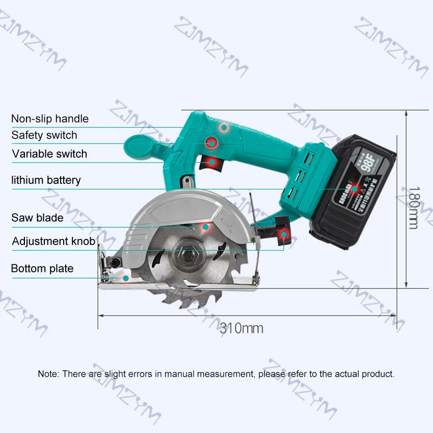 4/5 Inch 1000W Rechargeable Electric Circular Saw 2PCS Saw Blades Cordless Adjustable Curved Wood Cutting Machine Power Tools