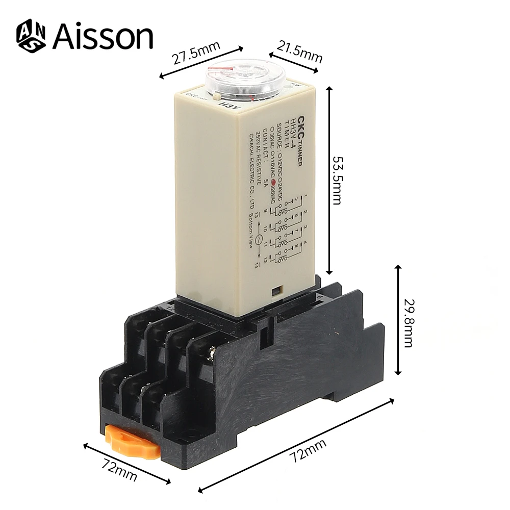 H3Y-4 Delay Timer Time Relay Switch AC 220V 0 - 30 Minute/Seconds Adjustable 5A With Base Socket PYF014A Rotary Knob DPDT