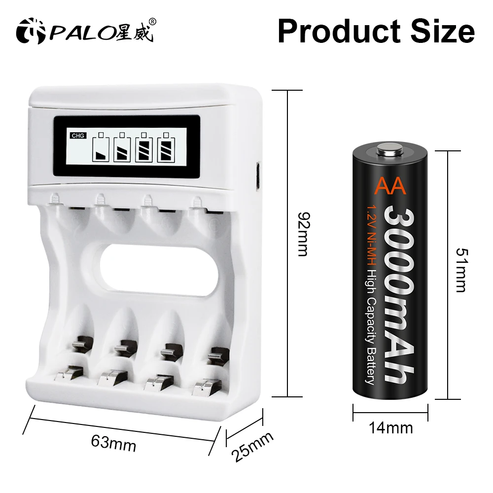 PALO AA Battery 3000mah Rechargeable Battery 3000mah with Smart AA Battery Charger 1.2v Ni-MH AA Toy Multi-function Batteries