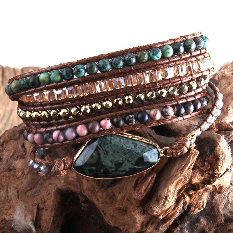 Fashion Boho Bracelet African Turquoise Natural Stones Grass Green Charm 5 Strands Woven Wrap Bracelets Gift