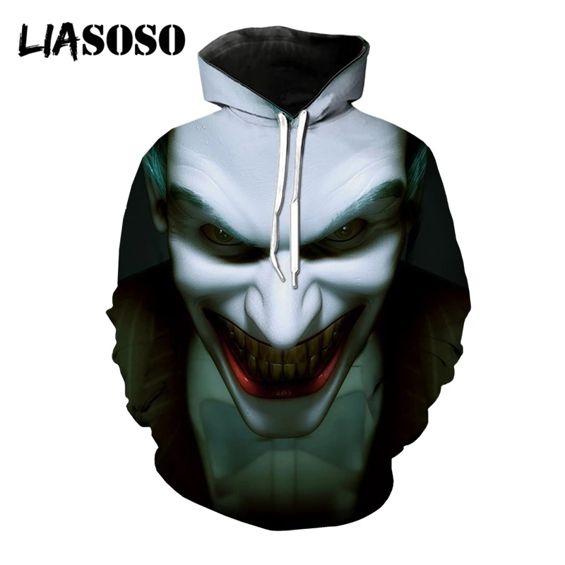 LIASOSO 3D Print Unisex Street Joker Face Horror Hooded Hoodies Sweatshirts Cool Pullover Harajuku Casual Hip Hop Funny Tops