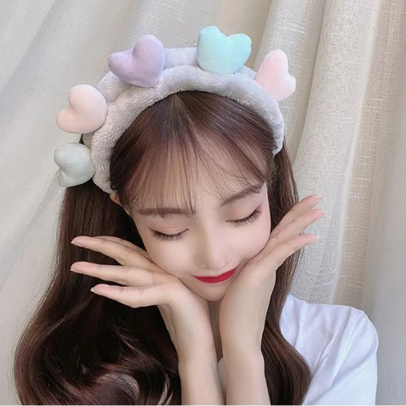 Cute Heart Elstic Hairband for Women Soft Headbands Coral Fleece Washing Face Makeup Hair Hoops Kawaii Hair Tie Hair Accessories