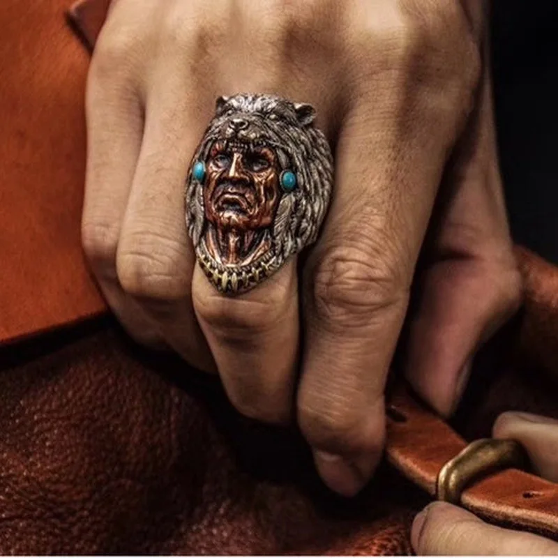 Megin D Stainless Steel Titanium Celtic Totem Indian Chief Wolf Head Boho Human Face Rings for Women Men Couple Gift Jewelry