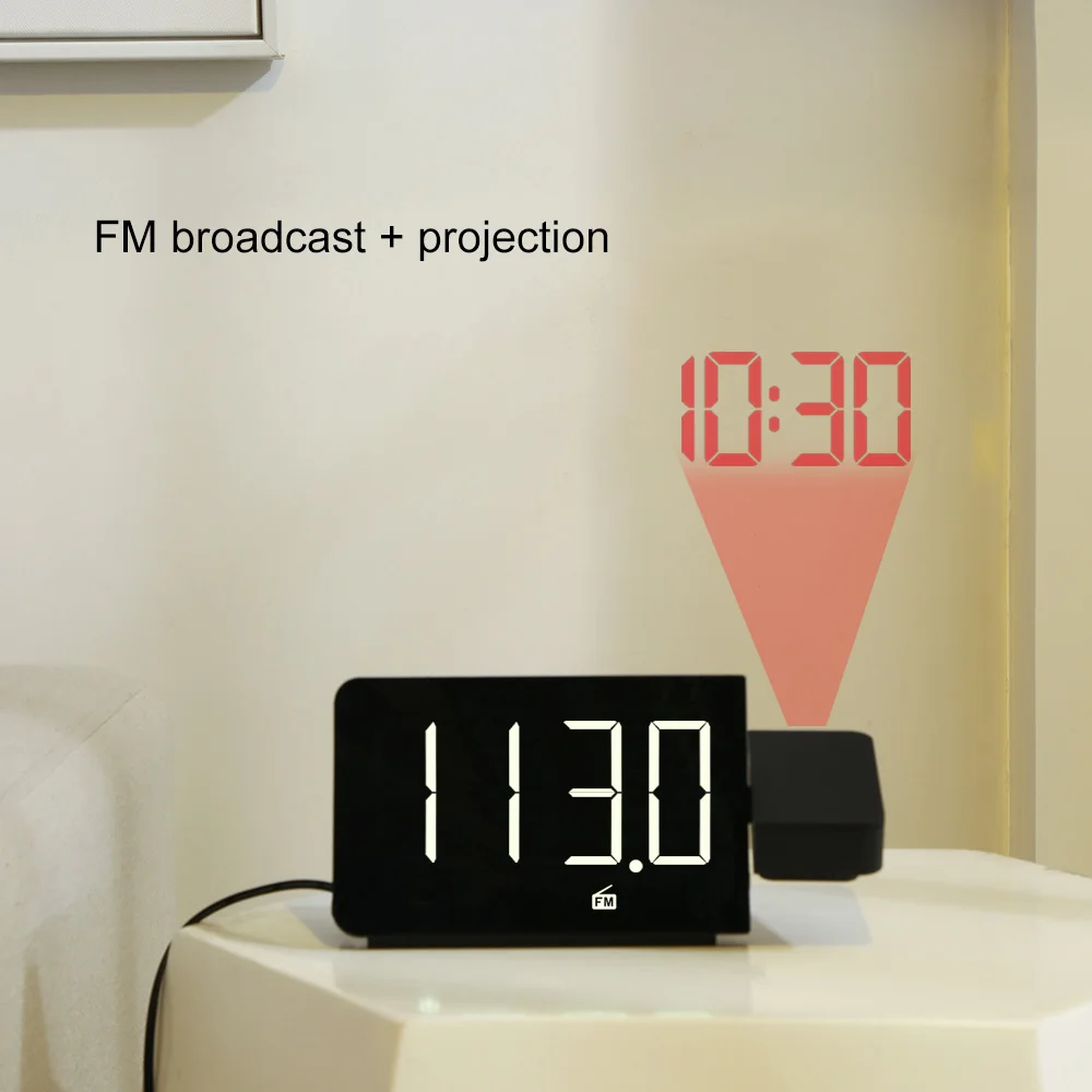 FanJu LED Digital Alarm Clock Watch Table Electronic Desktop Clocks USB Wake up FM Radio Time Projector Snooze Function 2 alarm