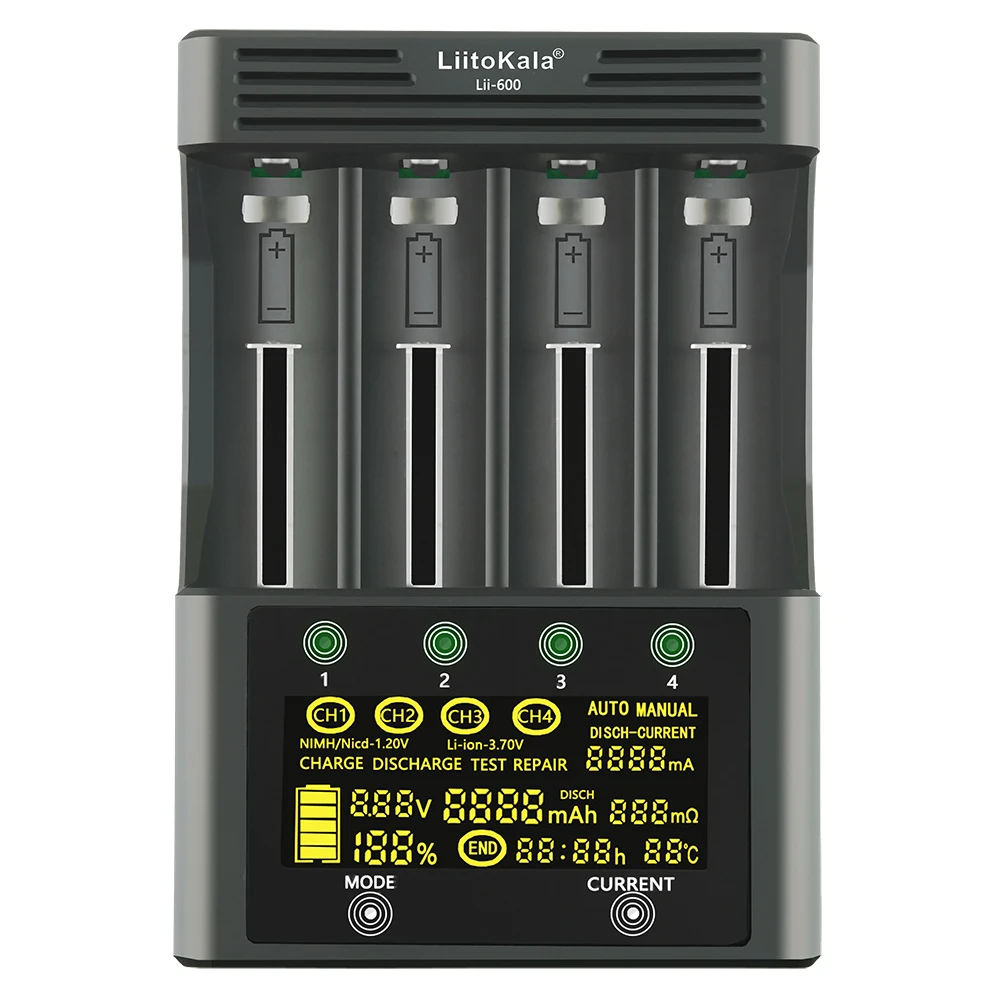 LiitoKala Lii-600 배터리 충전기, 리튬 이온 3.7V NiMH 배터리용, 18650 26650 21700 26700 AA + 12V5A 어댑터에 적합, 1-5 개