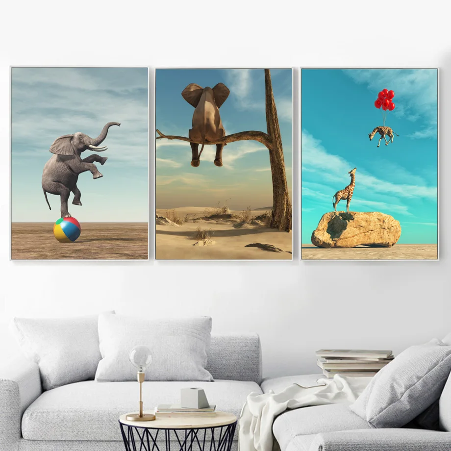 Surrealism Elephant Giraffe Wall Art Canvas Painting Nordic Posters And Prints Animal Wall Pictures For Living Room Home Decor