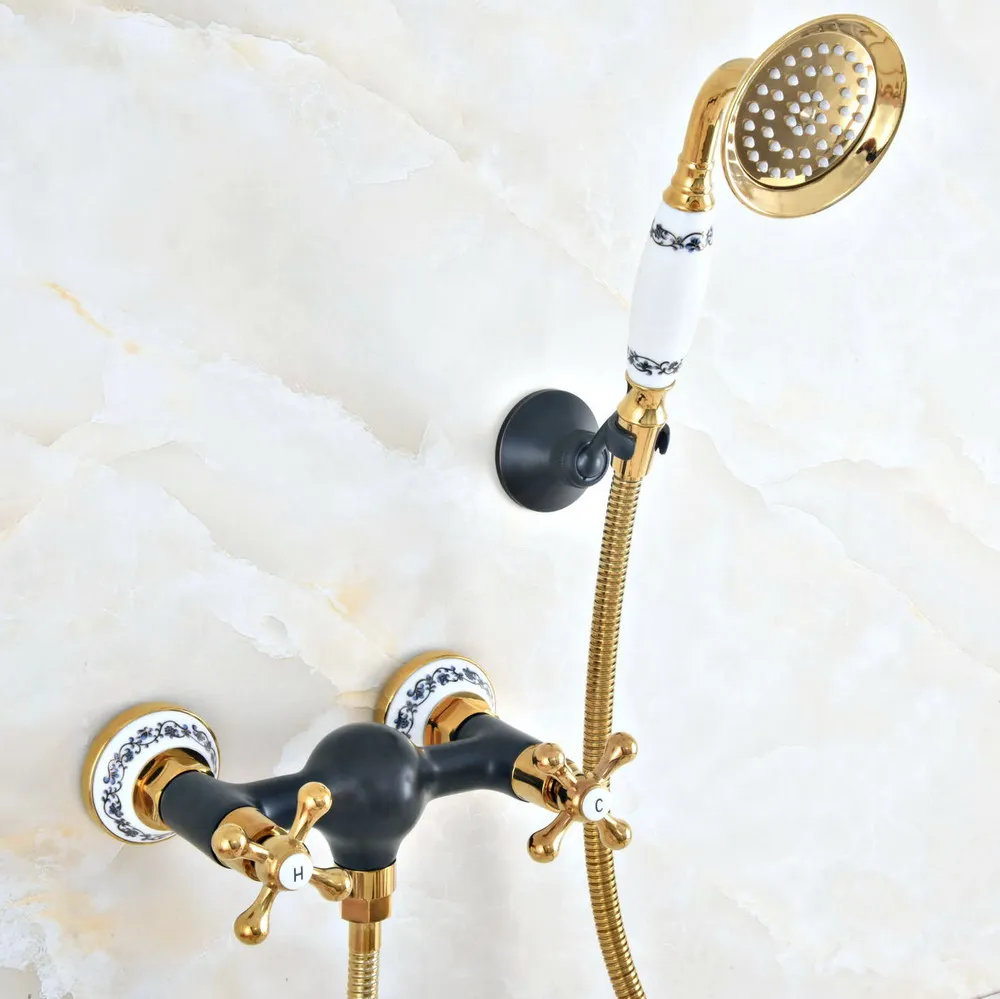 

Black Oil Rubbed & Polished Gold Brass Wall Mounted Bathtub Faucet with Handheld Shower Set +150CM Hose Mixer Tap 2na515