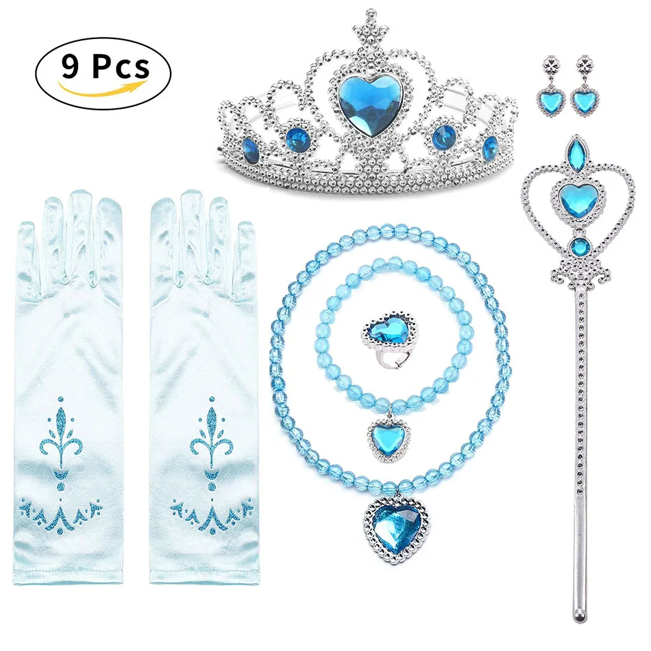 Girls Anna Elsa Cosplay Sets Crown Magic Wand Necklace Wig Gloves Accessories Earring Bracelet Halloween Party Dress Up Props