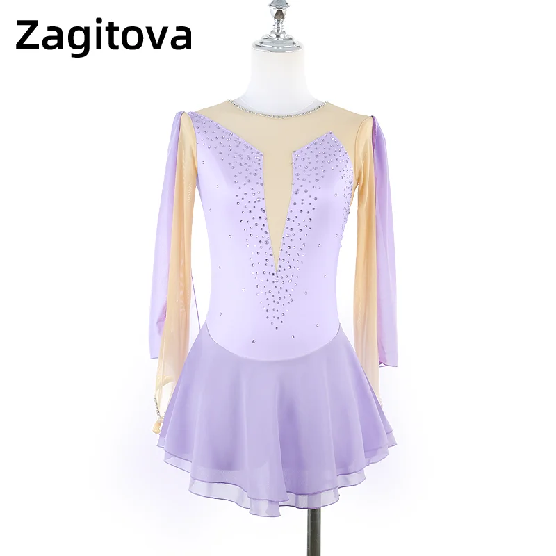 

Light Purple Figure Skating Dress For Women Girls Long Butterfly Sleeve Ice Figure Skating Clothes Elegant With Rhinestones