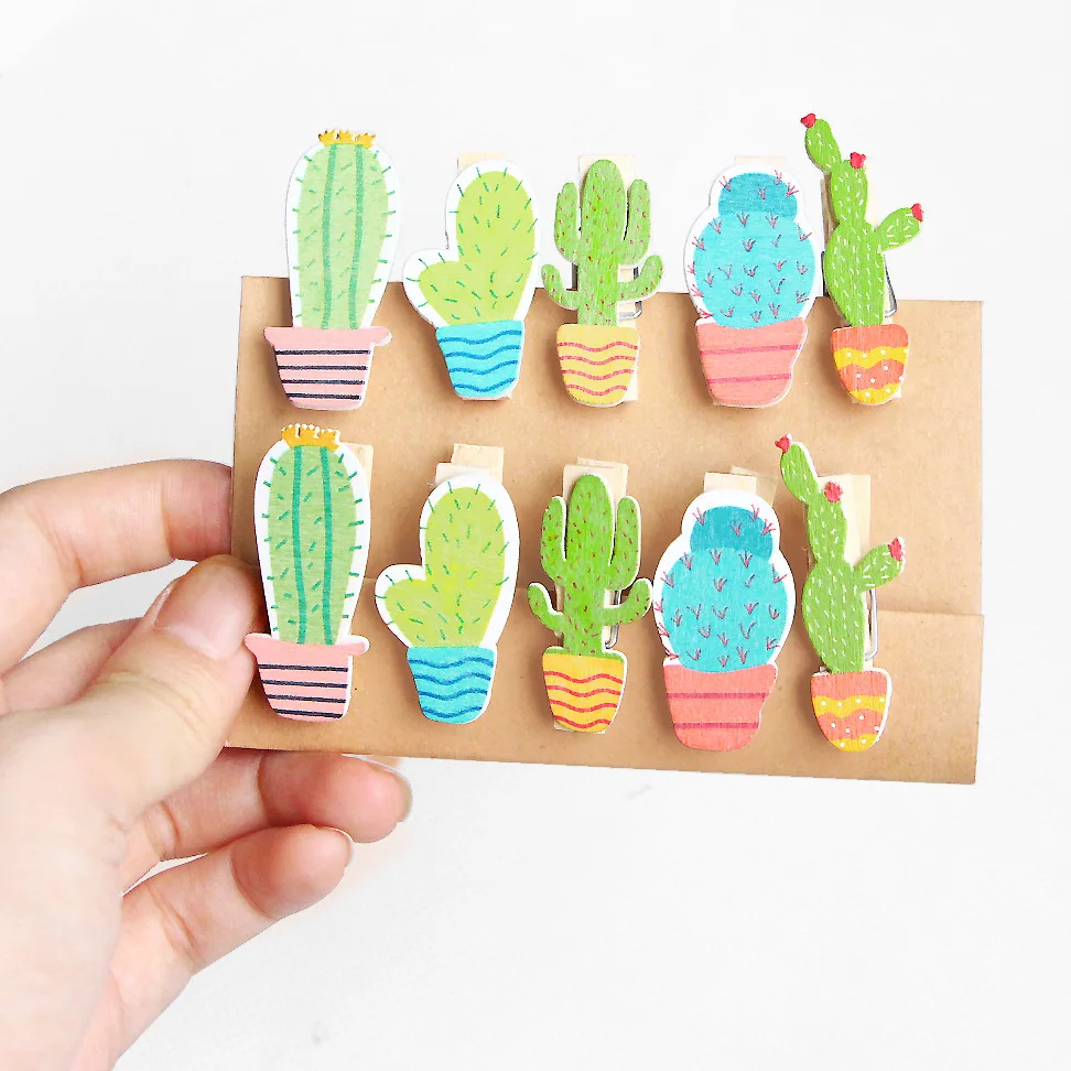 

10 pcs/pack Kawaii Fresh Cactus Wooden Planner Clip Photo Paper Craft DIY Clips Binder with Hemp Rope Card Holder Stationery