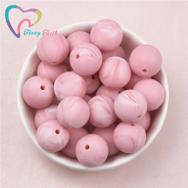 10 PCS Marble Pink Silicone 12-19 MM Round Beads,Marble Colors Series Teething Chewable Baby Hexagon 14-17MM Loose Teether Beads