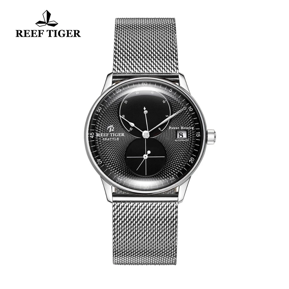 Reef Tiger/RT New Fashion Business Men Watches Waterproof Stainless Steel Mesh Steel Band Date Power Reservce Mechanical Watches