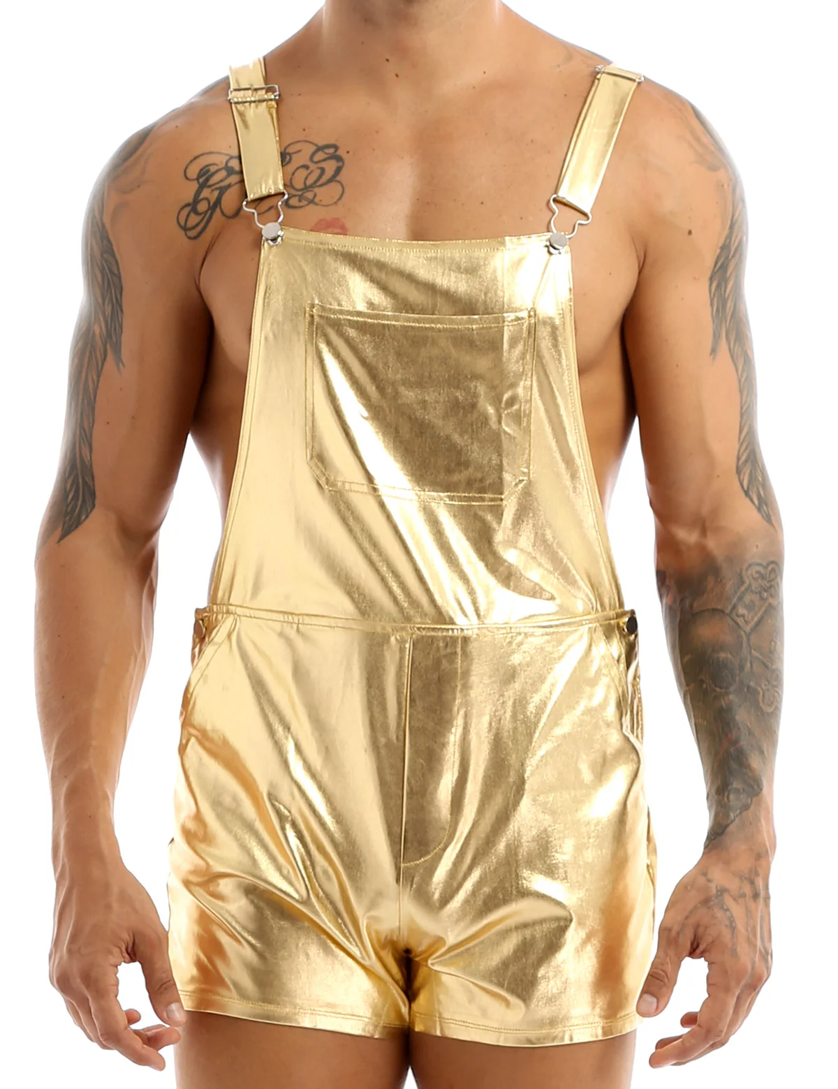 

Men Shiny Metallic Dungarees Overall Suspender Shorts Hot Pants Rave Party Clubwear Jazz Hip Hop Leotard Dance Costumes Jumpsuit