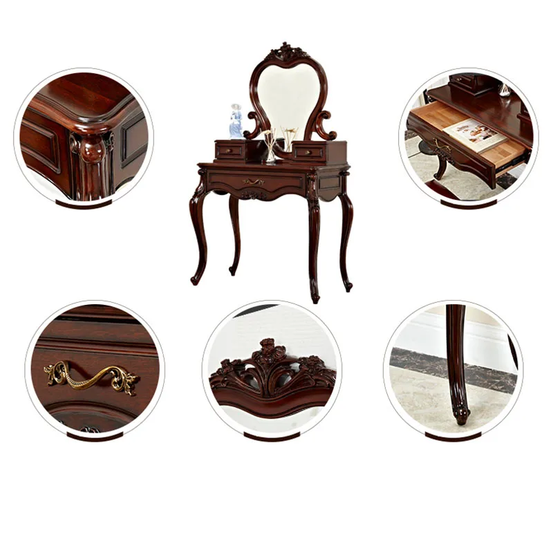 American Small Apartment Full Solid Wood Carved Dressing Table European Retro Makeup Mirror One Makeup Table Chest Drawers