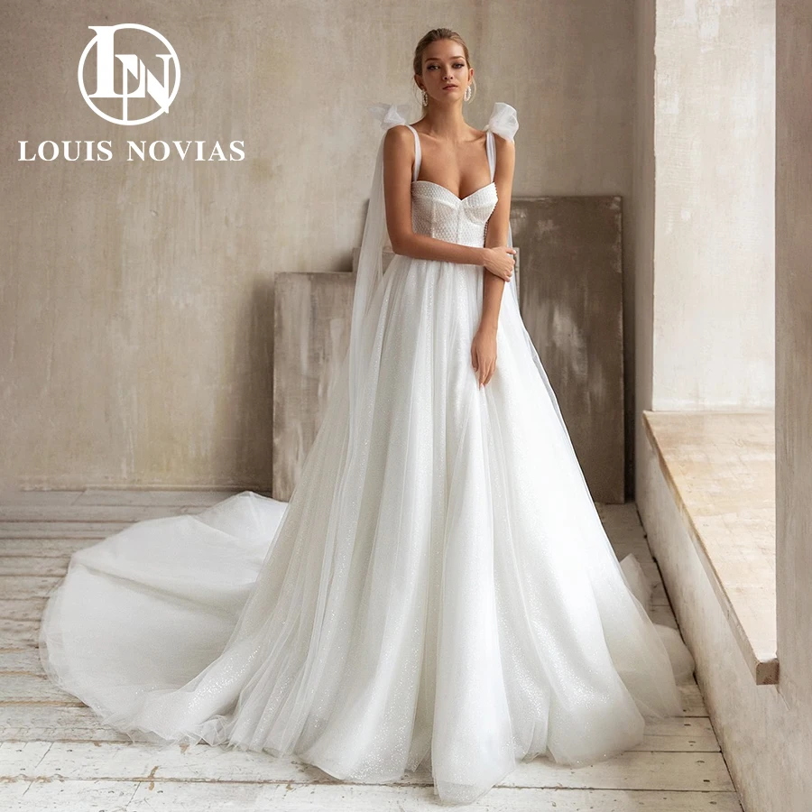 LOUIS NOVIAS Lace Wedding Dress Sexy Delicate Crystal Sweetheart Shining Tulle Flowy A-Line Wedding Gown Fairy Vestidos De Novia