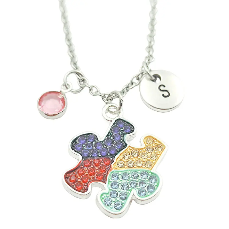 Autism Awareness Necklace Birthstone Creative Initial Letter Monogram Fashion Jewelry Women Christmas Gifts Accessories Pendants